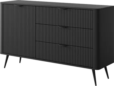 Obrázek produktu pro BETTSO Jednodveřová komoda se 3 zásuvkami Drážkovaná čela Černé nohy Černé úchyty LANTE 138 cm Černá barva