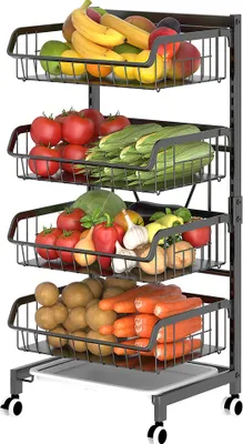 Obrázek produktu pro 4-patrový kuchyňský vozík na kolečkách, nastavitelný kovový koš na ovoce a zeleninu s velkou kapacitou, úložný vozík se síťovanými koši do kuchyně, koupelny, obývacího pokoje, kanceláře
