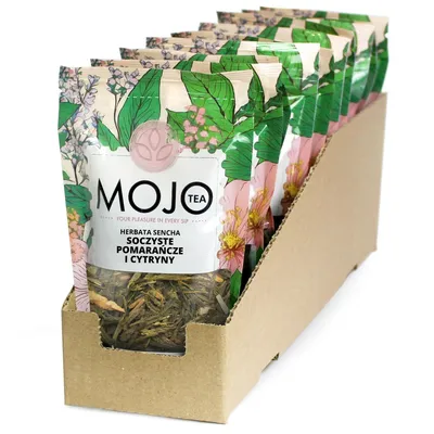 Produktbild von MOJO TEA Zitrusgrüner Tee SET Sencha mit Orangenschale 10x50g - Zitronenschale & Zitronengras – Aromatisierter grüner Tee lose