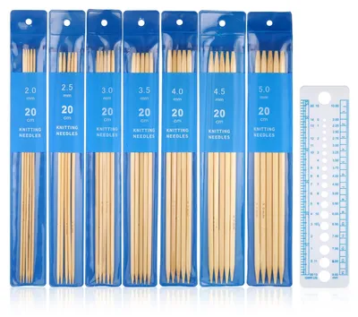 Image de Set de 35 aiguilles à tricoter en bambou, aiguilles doubles pointes, tailles 2/2,5/3/3,5/4/4,5/5 mm, 7 tailles, pour pulls et chaussettes, règle incluse