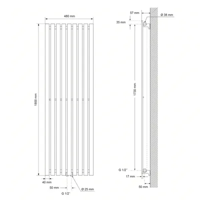 Obrázek produktu pro LuxeBath Design koupelnový radiátor Stella - 480 x 1800 mm - antracit - radiátorový ohřívač ručníků a osušek, bez topného tělesa