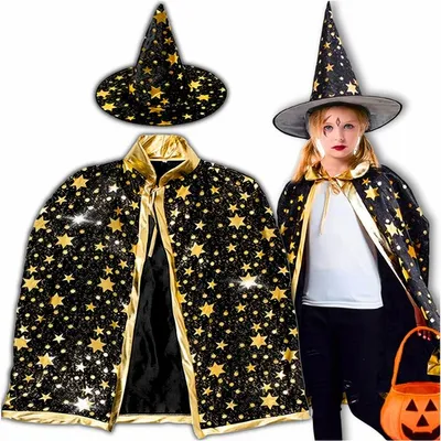 Produktbild von Hexenkostüm Kinder 4–10 Jahre mit Umhang und Hut, schwarz-goldenes Zauberer Kostüm für Halloween, Karneval und Mottoparty