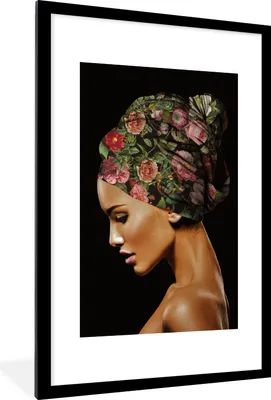 Produktbild von MuchoWow® MuchoWow® Gerahmtes Poster Frau - Kopftuch - Blumen 60x90 cm - Poster mit zchwarzem Bilderrahmen - Dekoration - Wandposter Wohnzimmer - Hochwertig