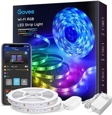 Product packaging for Govee Wi-Fi RGB LED Strip Light, showing the product itself, a smartphone app interface, and the packaging box.