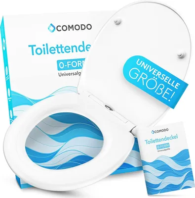 A white toilet seat and lid are displayed, with packaging and a small instruction booklet in the foreground. The background is white.