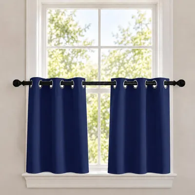 Produktbild von 2er Set Scheibengardine Blickdicht Vorhänge mit Ösen Bistrogardinen Kurze Gardinen für Küche Cafe Schlafzimmer Wohnzimmer, Blau, B85xH61cm