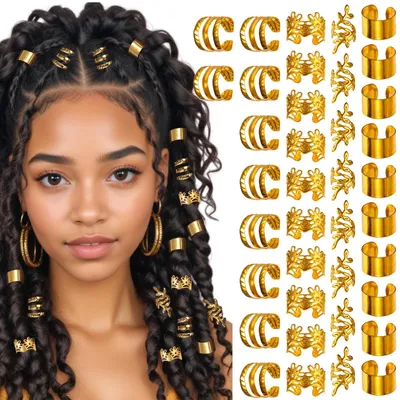 Produktbild von 40 goldene Haarperlen, 4 verschiedene Stile, Haarschmuck im 90er-Jahre-Stil für Dreadlocks, goldene Haarringe für Zöpfe, Festival-Accessoires, goldene Metall-Haarringe, Dekoration für geflochtene Dreadlocks, Damen