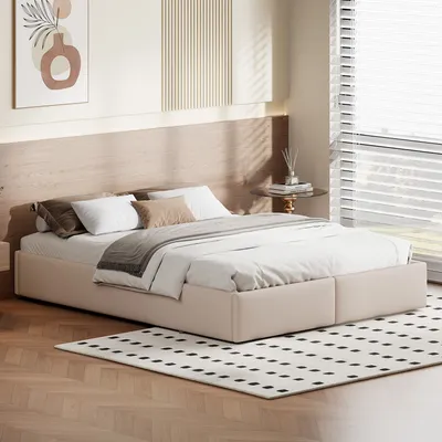 Image de Lit rembourré coffre 140x200 cm avec 2 tiroirs, lit adulte avec sommier à lattes, sans tête de lit, tissu en lin, beige