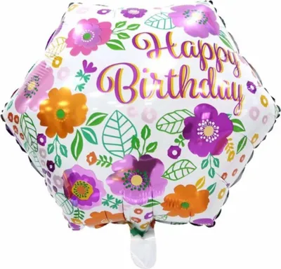 Image de Ballon en plastique Happy Birthday carré 45 cm, fleurs blanches multicolores