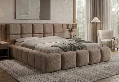 Produktbild von Polsterbett LOMBA 200x200 cm mit Bettkasten und Metall-Lattenrost – Bouclé Stoff Arena Taupe