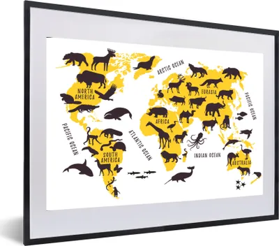 Produktbild von MuchoWow® MuchoWow® Gerahmtes Poster Weltkarte - Gelb - Tiere 60x40 cm - Poster mit zchwarzem Bilderrahmen - Schlafzimmer - Plakat in Rahmen - Drucken