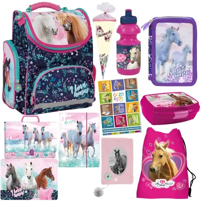 Obrázok produktu pre Školská taška Horses, ergonomická aktovka, peračník, diár, taška na telocvičňu, obedár, fľaša na pitie, taška na cukríky, aktovka, priečinok, 11-dieln