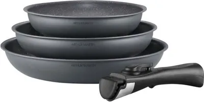 A set of three nested frying pans with a detachable handle, displayed on a white background.