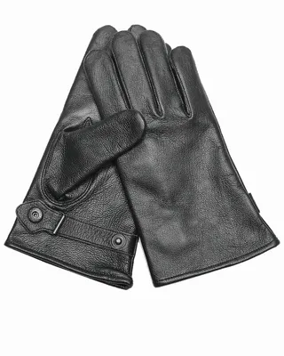 A pair of black leather gloves on a white background.