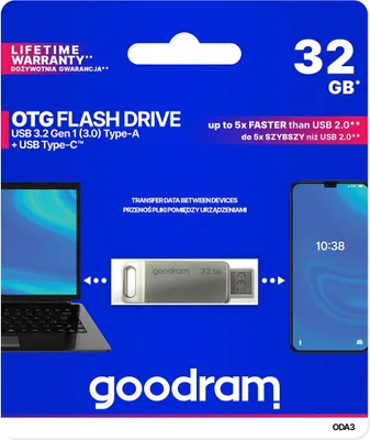 Obrázek produktu pro Goodram ODA3, 32 GB, USB Type-A / USB Type-C, 3.2 Gen 1 (3.1 Gen 1), 60 MB/s, Kloub, Stříbrná