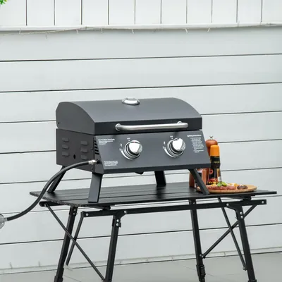 Produktbild von Gasgrill 2 Brenner klappbar, Tischgrill Tischgasgrill, Kohlenstoffstahl, Schwarz | 55 x 46,5 x 41 cm | Piezo-Zündung | mit Thermometer