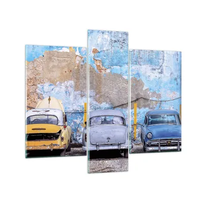 Produktbild von Bilder auf glas - 3 Teile - Havanna Oldtimer Autos - 95x80cm - Glasbilder - Wandbilder - Bilder - zum Aufhängen bereit - Wanddekoration aus Glas - Glas Bilder - Wandbild auf Glas - GCB95x80-4376