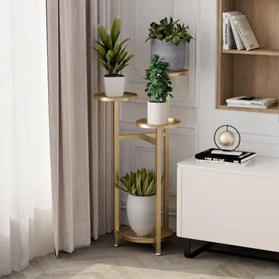 Zdjęcie produktu dla Narożny Regał Na Rośliny Wielopoziomowy Wytrzymały Metalowy Stojak Na Doniczki Na Taras Do Ogrodu Na Balkon Złoty 80 Cm