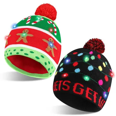 2 LED-Weihnachtsmützen, Cartoon-Muster, Unisex, Erwachsene