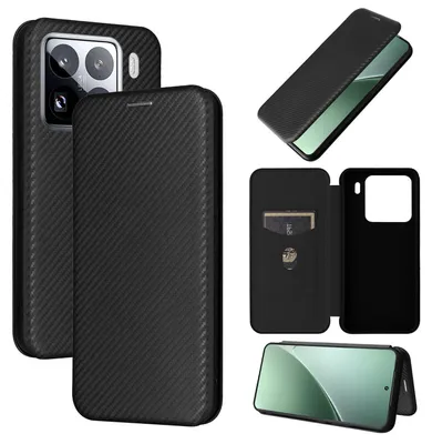 Immagine prodotto di Per Xiaomi 15 Pro Custodia protettiva ibrida con texture in fibra di carbonio Design a libro Nero