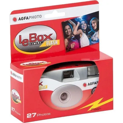 A product box for a disposable camera, showing the camera inside and marketing images.