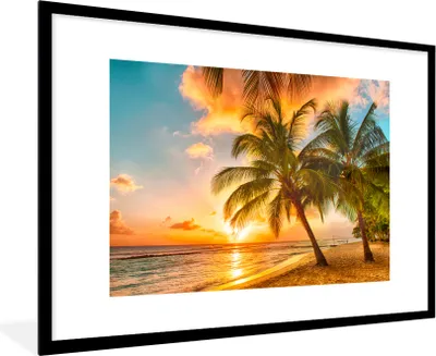 Produktbild von MuchoWow® Gerahmtes Poster Sonnenuntergang - Palme - Wolken - Meer - Strand 90x60 cm - Poster mit Schwarzem Bilderrahmen Wandposter Rahmen Foto Bilder - Wanddekoration - Fotos