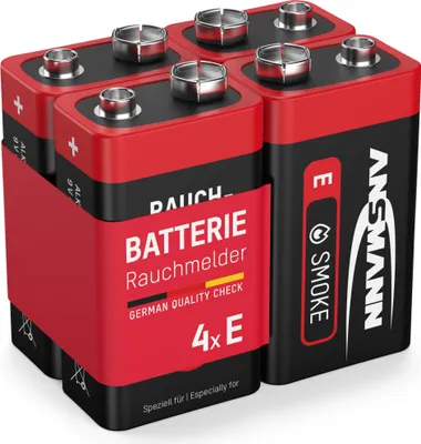 A group of four 9V batteries for smoke detectors, presented in a product shot.