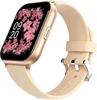 A close-up shot of a smartwatch with a floral watch face.