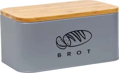 Produktbild von Theo&Cleo Brotkasten mit Bambusdeckel Grau 30cm Retro Metall Brotaufbewahrung