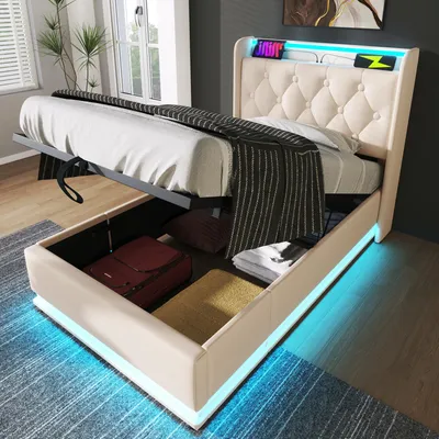 Produktbild von Abrihome Polsterbett Jugendbett 90x200cm mit USB&Type-c Ladefunktion, Hydraulisches Stauraumbett mit LED, Weiß(Ohne Matratze)