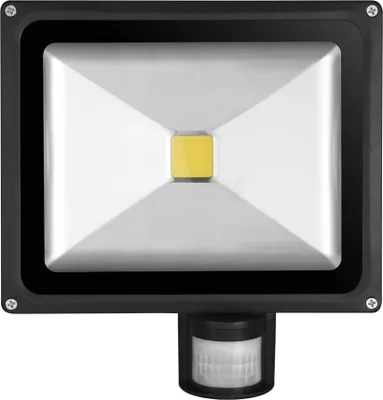 A black and silver LED floodlight with a motion sensor.