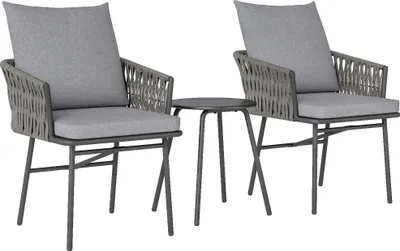 Produktbild von 3-teiliges Außenmöbel-Set, 2 Stühle, 1 Tisch, Bistro-Set, Kunst-Rattan, Stahlrahmen, Metalltisch, 4 Kissen, Grau