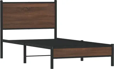Imagen del producto de Cama de metal sin colchón, color marrón, con aspecto de roble, 90x190 cm