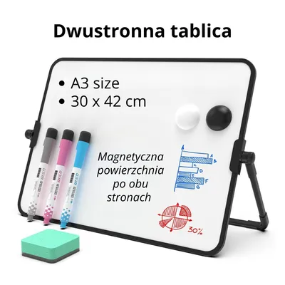 Zdjęcie produktu dla Dwustronna tablica magnetyczna A3 ze stojakiem – 360° obrotowa, suchościeralna – Biurkowa tablica do biura, szkoły, prezentacji i domu