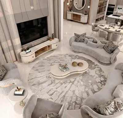 Image de Ensemble de meubles de salon élégant, beige et gris, avec des accents dorés, de style moderne