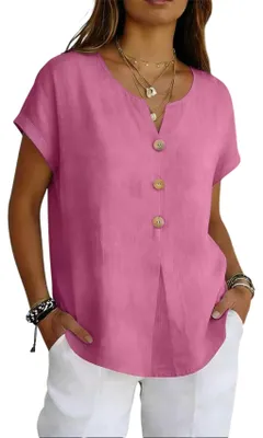 Produktbild von ASKSA Damen Tshirt Musselin Sommer V-Ausschnitt Knopfleiste Leinenbluse Locker Elegant Einfarbig Oberteile Top (Dunkelrosa,XL)