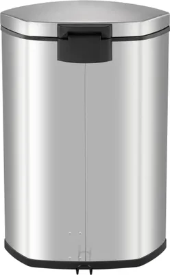 A stainless steel trash can with a black lid and pedal.