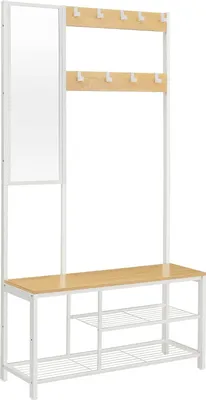 Produktbild von VASAGLE Garderobe mit Haken Kleiderständer mit Spiegel, Schuhbank und Ablagen, 36 x 98 x 185 cm, für Flur, Schlafzimmer, Wohnzimmer, Eiche weiß