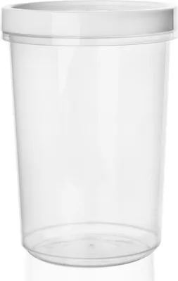 A clear, studio shot of a transparent plastic food container with a white lid.
