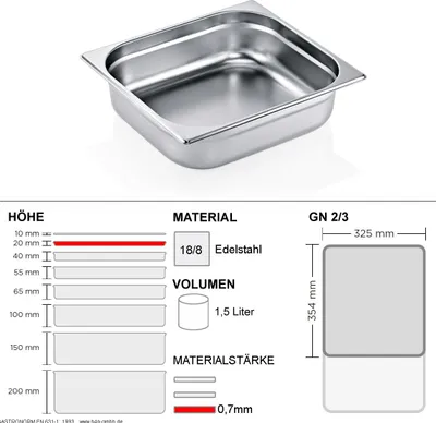 Gastronorm Behälter GN 2/3 - 20mm - GN90 - 18/8 Edelstahl - 0,7mm