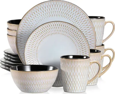 Image de Service combiné en faïence, vancasso PLUVO Service de table, set de vaisselle 16 pièces avec assiettes à manger, assiettes à gâteaux, bols, gobelets pour 4 personnes, gris