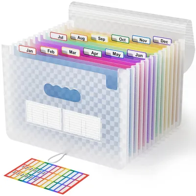 Image de Classeur pour documents A4 avec motif à carreaux, 13 compartiments, design arc-en-ciel, extensible, grande capacité, portable, idéal pour l'école (bleu)