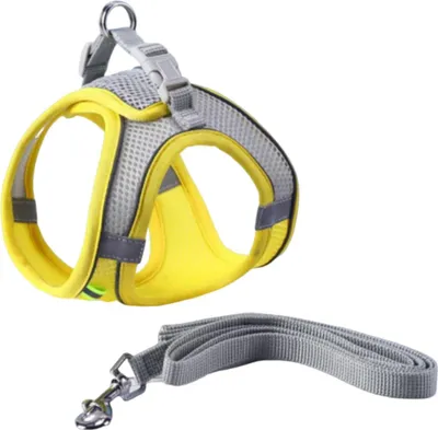 Produktbild von Hundegeschirr und Leinen-Set, kein Ziehen, atmungsaktives Mesh-Welpengeschirr, Haustiergeschirr für das Spaziertraining im Freien für kleine Hunde und Katzen, Gelb L