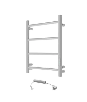 A silver electric towel radiator with a coiled power cord and plug.
