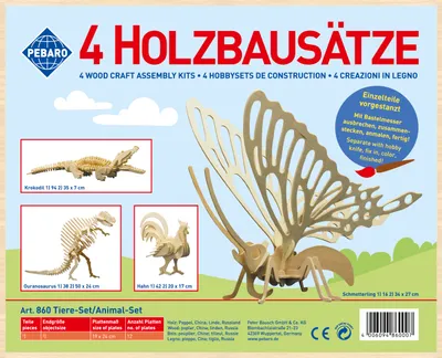 Obrázek produktu pro Pebaro 860, stavebnice dřevěných modelů zvířat, sada 4 kusů: krokodýl, motýl, kohout, Ouranosaurus. Stavebnice, modelářství, tvoření z dřeva, dřevěné puzzle, předem vyřezané dřevěné desky, nápad na dárek