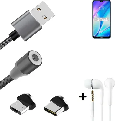 Produktbild von K-S-Trade® Hochwertiges Magnet-Lade-kabel Sync-Kabel Daten-Kabel + Kopfhörer kompatibel mit Xiaomi Redmi 9A mit USB-Typ-C-Anschluss und