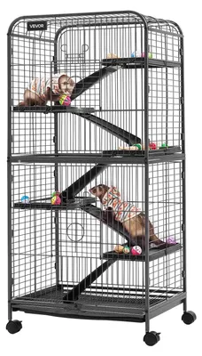 Immagine prodotto di Gabbia per piccoli animali VEVOR, adatta per furetti, cincillà, scoiattoli volanti, piccoli gatti e conigli, dimensioni 635x435x1330 mm, a 6 piani, con distanza tra le sbarre di 25,4 mm e ruote girevoli bloccabili