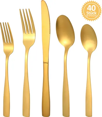 Produktbild von Besteck Set, 40-teiliges Besteckset für 8 Personen mit Messer Gabel Löffel, Edelstahl Essbesteck,Matt Gold,nicht ausbleichend,farbecht
