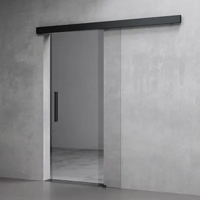 A modern glass sliding door with a black handle against a concrete wall.