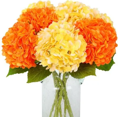 Productafbeelding van Ibenzoa® Kunsthortensia's, set van 4 – Tweekleurige decoratieve bloemen, geel/oranje, 40 cm, bloemdiameter ongeveer 20 cm, flexibele stelen